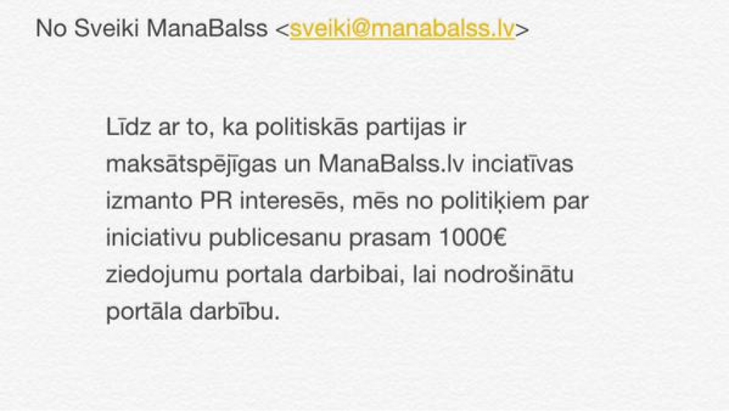 Saskaņai par iniciatīvas publicēšanu Manabalss pieprasa 1000 eiro; portāls sola skaidrot