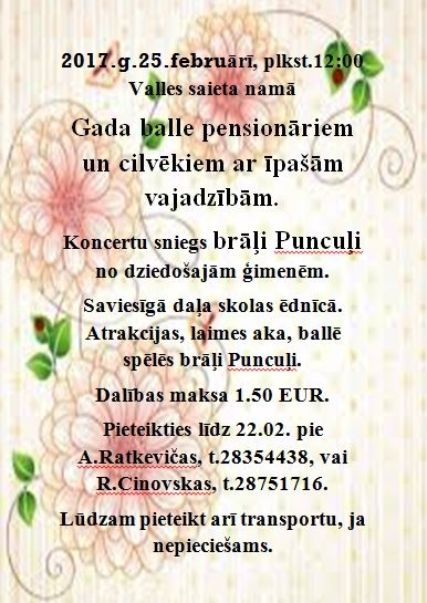Balle un brāļu Puncuļu koncerts pensionāriem un cilvēkiem ar īpašām vajadzībām Vallē