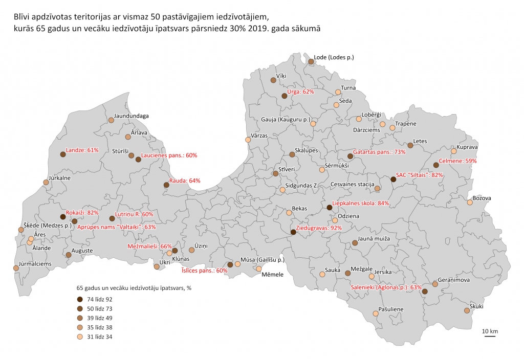 Centrālā statistikas pārvalde publicējusi Latvijas karti ar senioru visblīvāk apdzīvotajām teritorijām