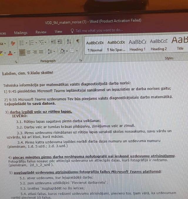 Devītklasnieki diagnosticējošos darbus pilda attālināti