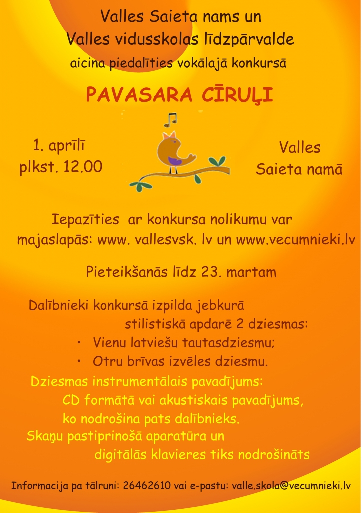 Aicina pieteikties vokālajam konkursam «Pavasara cīruļi»