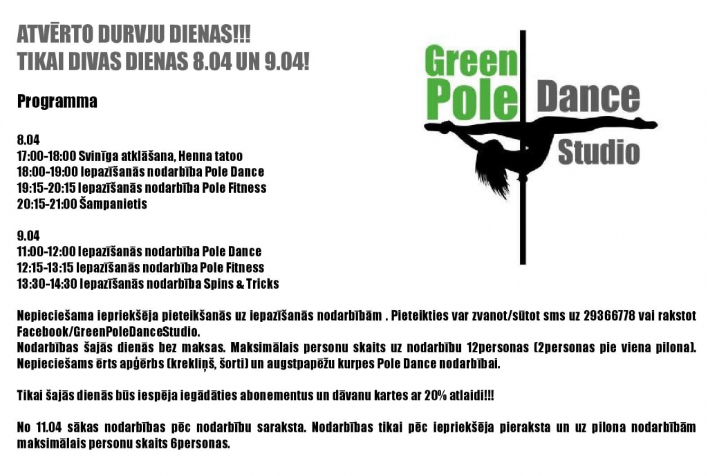 Atklāšana un atvērto durvju dienas pilona deju un sporta studijā «Green Pole Dance Studio»
