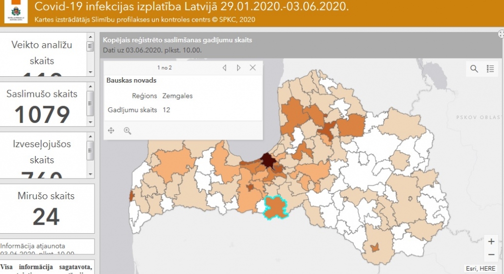 Aizvadītajā diennaktī Covid-19 inficēšanās gadījumi konstatēti Bauskas novadā, Rīgā, Jūrmalā un Kocēnu novadā